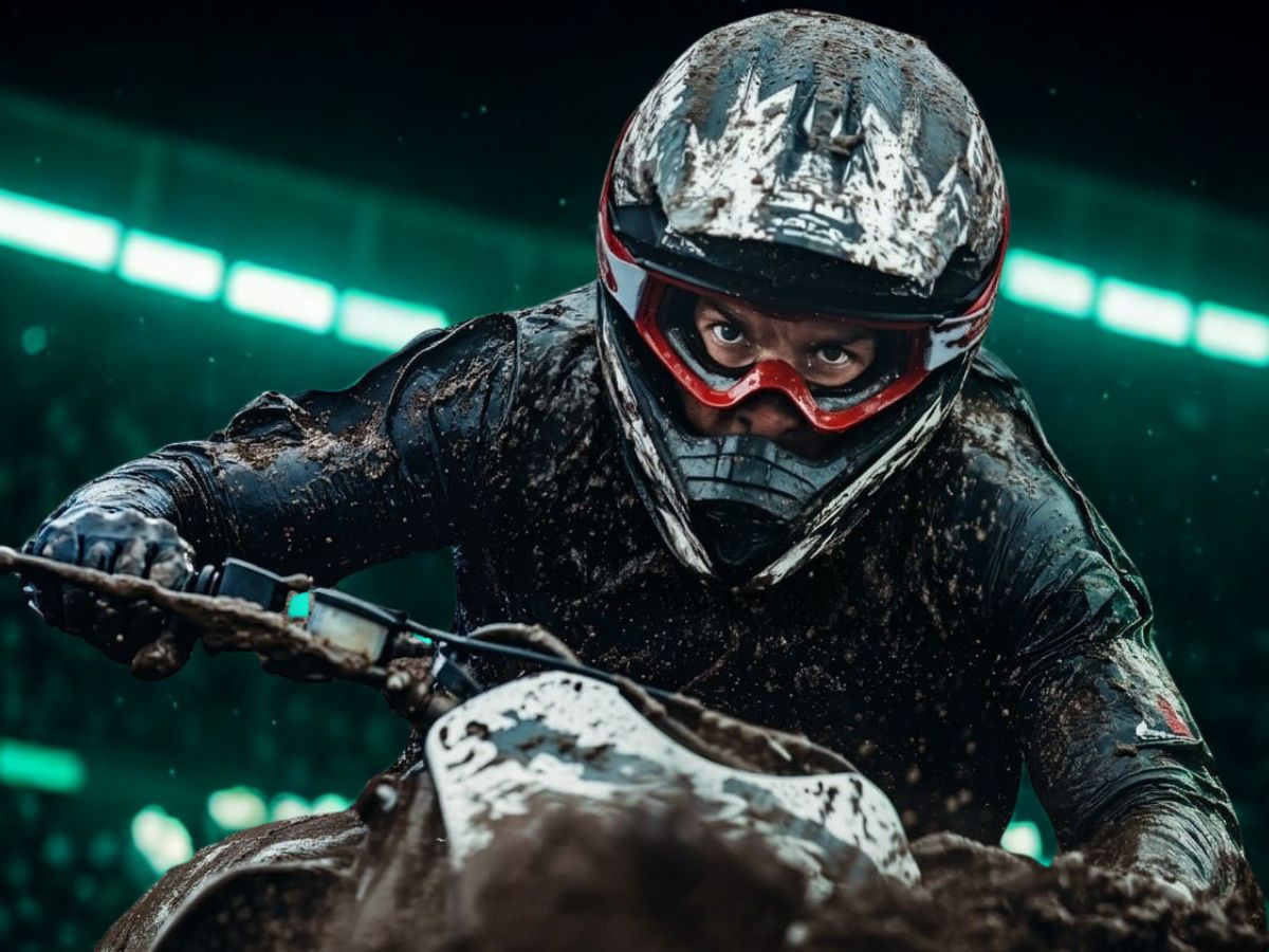 Atleta de motocross em cenário de performance e velocidade