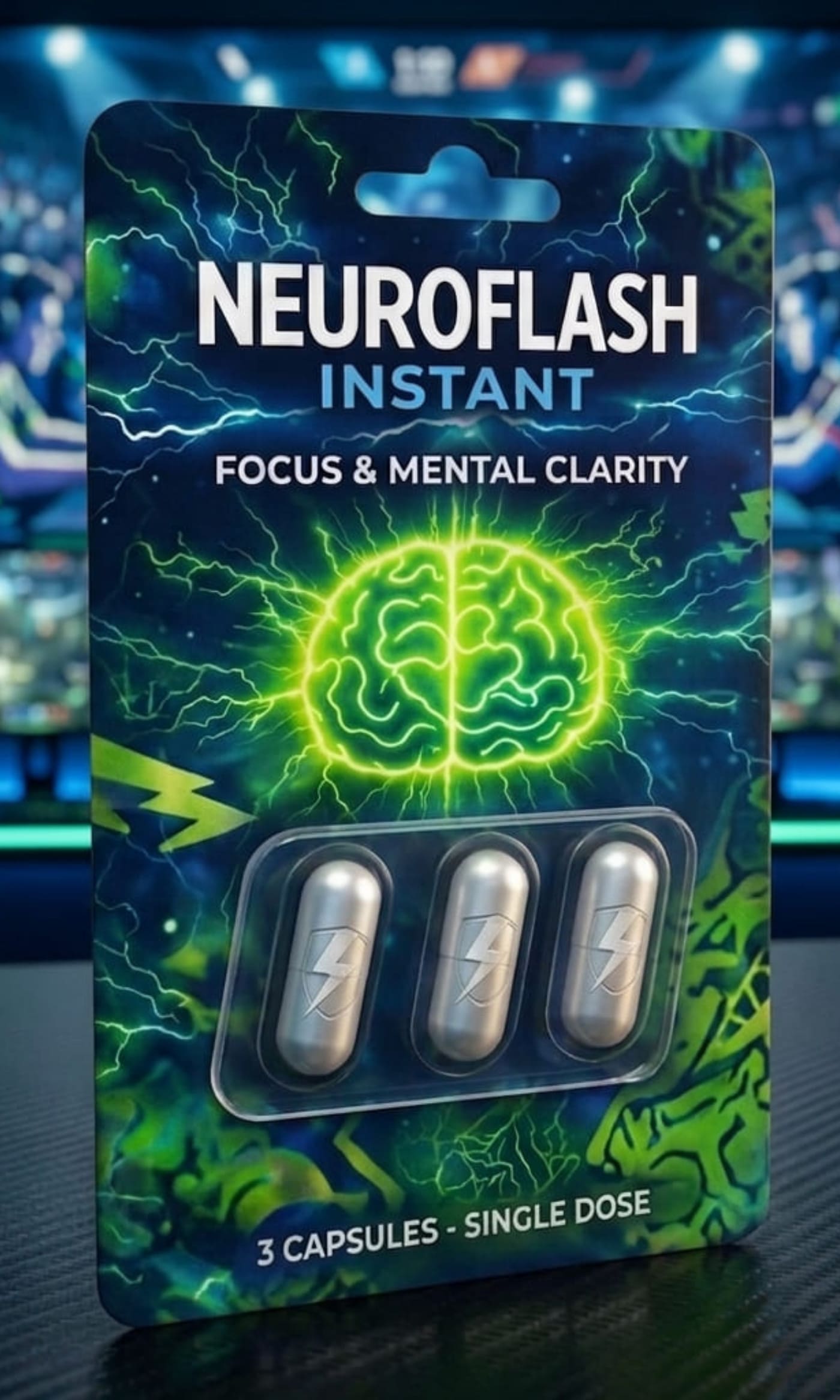 Embalagem do suplemento NeuroFlash Instant em dose única